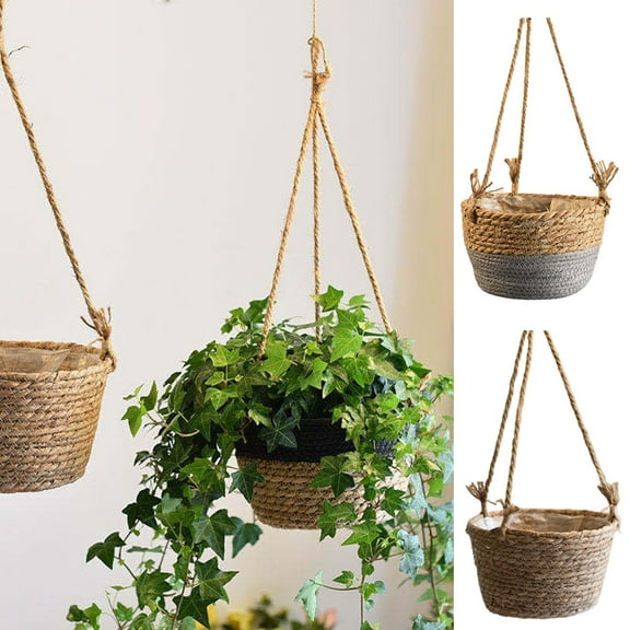 Cheer.US Hand Woven Knitted Straw Rope Hanging Planter Baskets Flower Pot Holder Containers Storage Organizer | Hanging Pots for Indoor | Hanging Basket for Rustic Home Decor