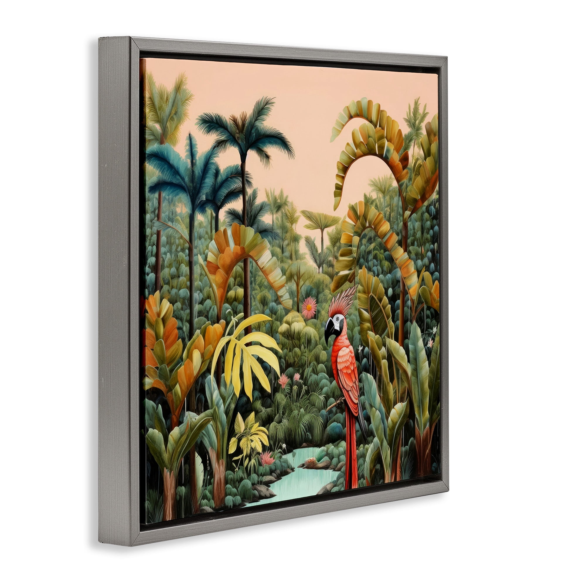 Stupell Industries Parrot in Tropical Vegetation Landscape Painting Gray Floater Framed Canvas Art Print Wall Art, 18 x 18