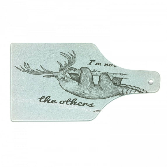 Sloth Cutting Board, Unusual Animal Words Im Not Like the Others Inspirational Vintage, Decorative Tempered Glass Cutting and Serving Board, Wine Bottle Shape, Grey Black White, by Ambesonne