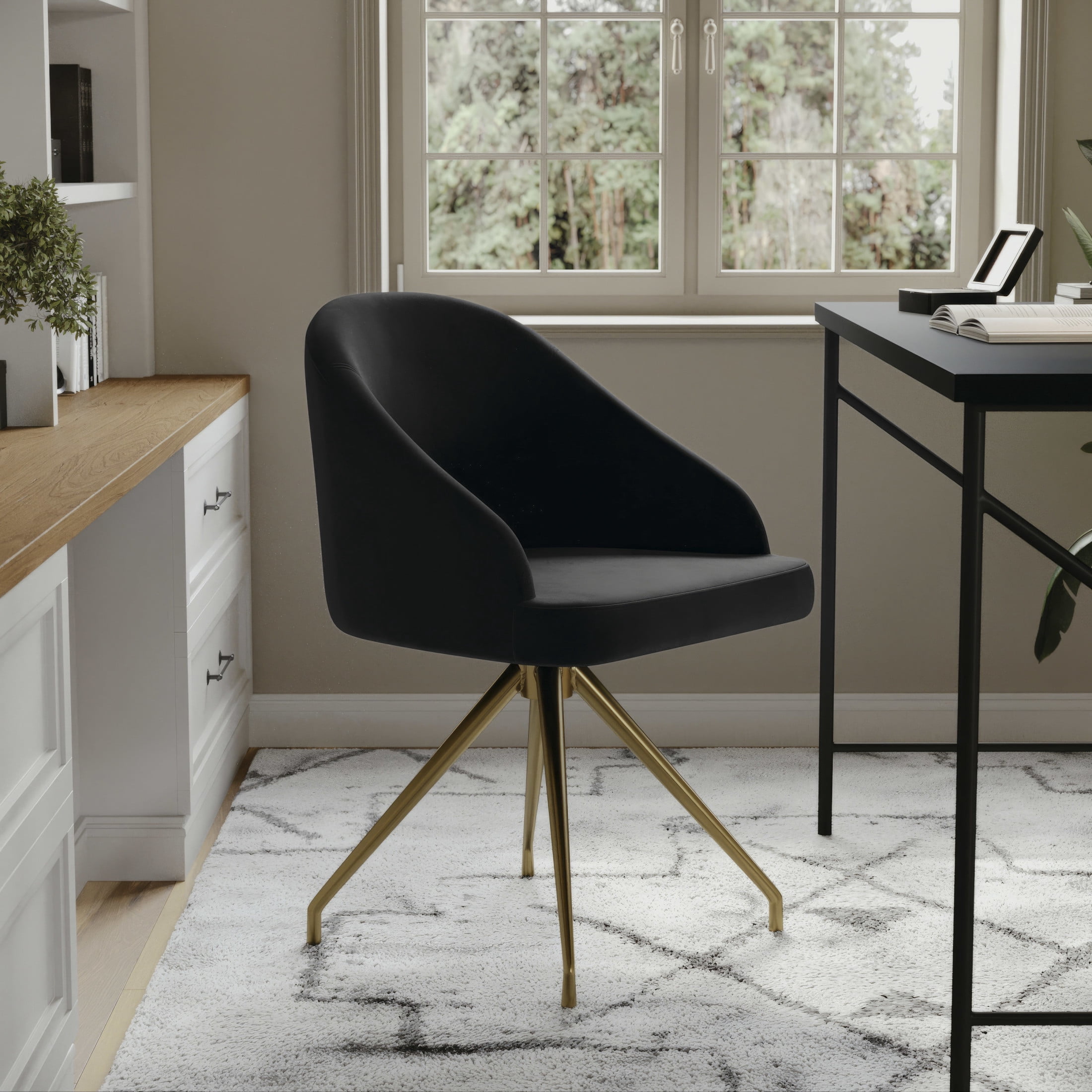 Martha Stewart Sora Upholstered Stationary Office Chair in Black/Polished Brass