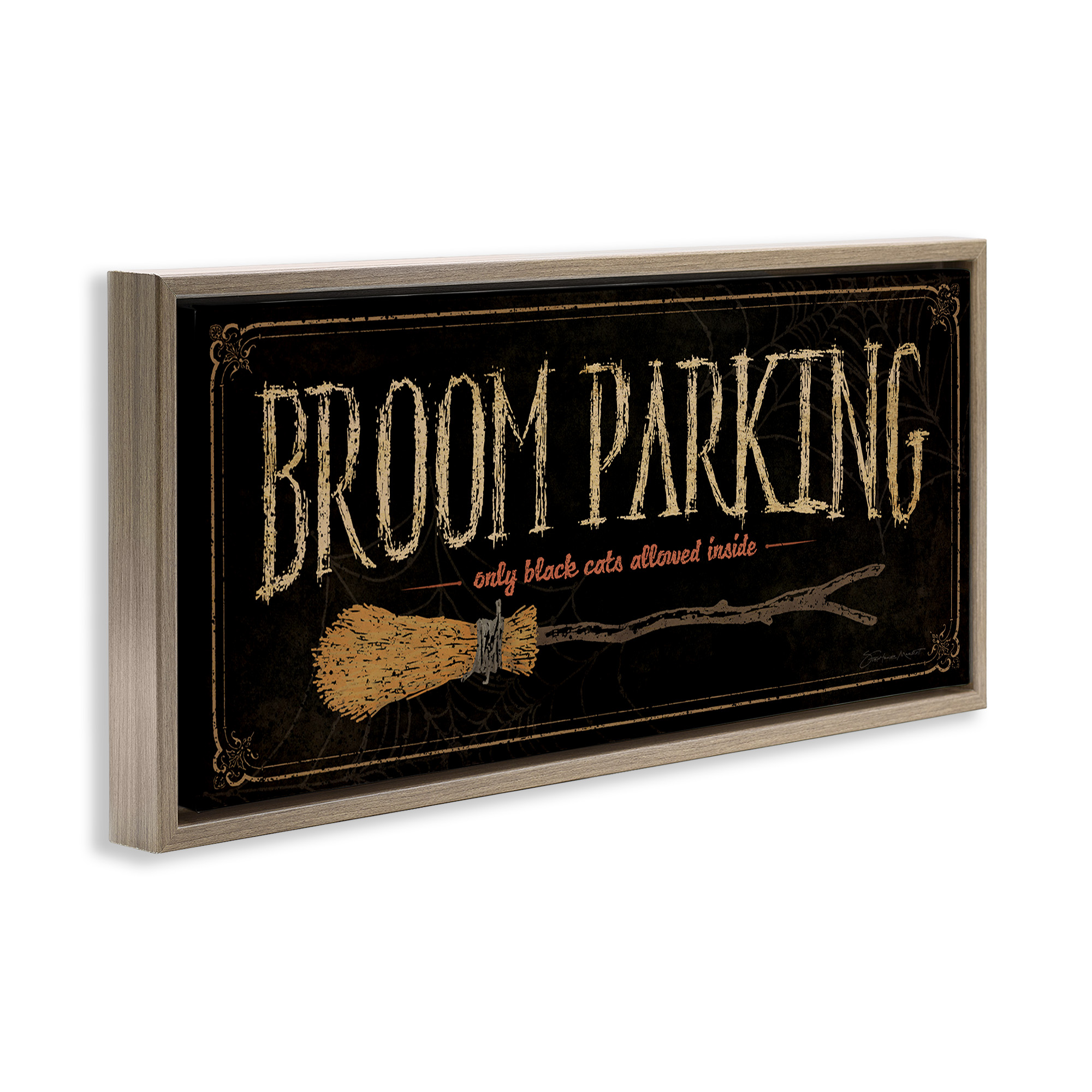 Stupell Industries Broom Parking Black Cats Allowed Holiday Painting Brown Floater Framed Canvas Art Print Wall Art, 31 x 14