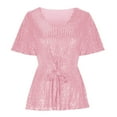 thumbnail image 2 of Puntoco Women tops for Summer Women's Sparkly Sequin Tops Peplum V Neck Tie Front Short Bell Sleeve Shirts Glitter Blouses Dressy Party Top Pink 6(S), 2 of 5