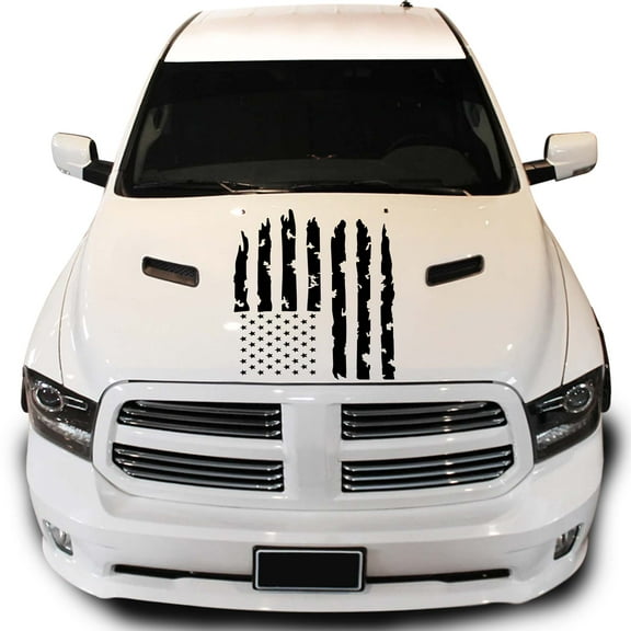 Distressed American USA US Flag Hood Vinyl Decal fits Most Pickup Trucks SUV Sedan Jeep EUA Flag Graphic Car Sticker (23" x 36", Black)