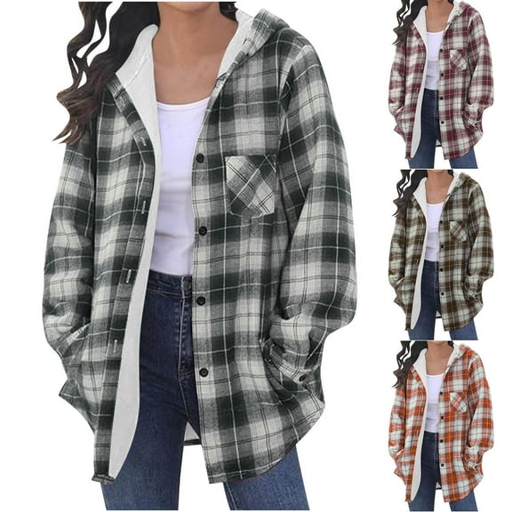 HaiMao Womens Fleece Lined Plaid Shacket Jacket Hoodies Clearance Flannel Button Down Boyfriend Shirts Winter Coats with Pockets Red 10(XL)