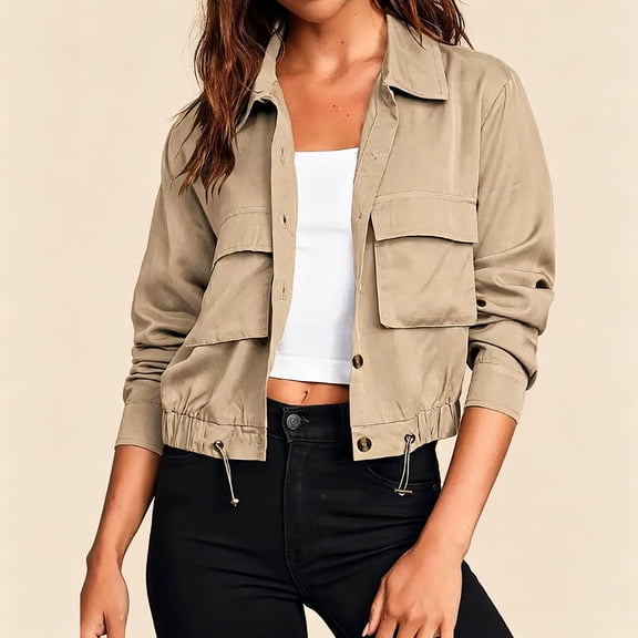 Feancey Women's Cropped Jacket Drawstring Hem Button Down Bomber Jackets Fall Lightweight Utility Jacket Casual Outerwear with Flap Pockets Khaki L