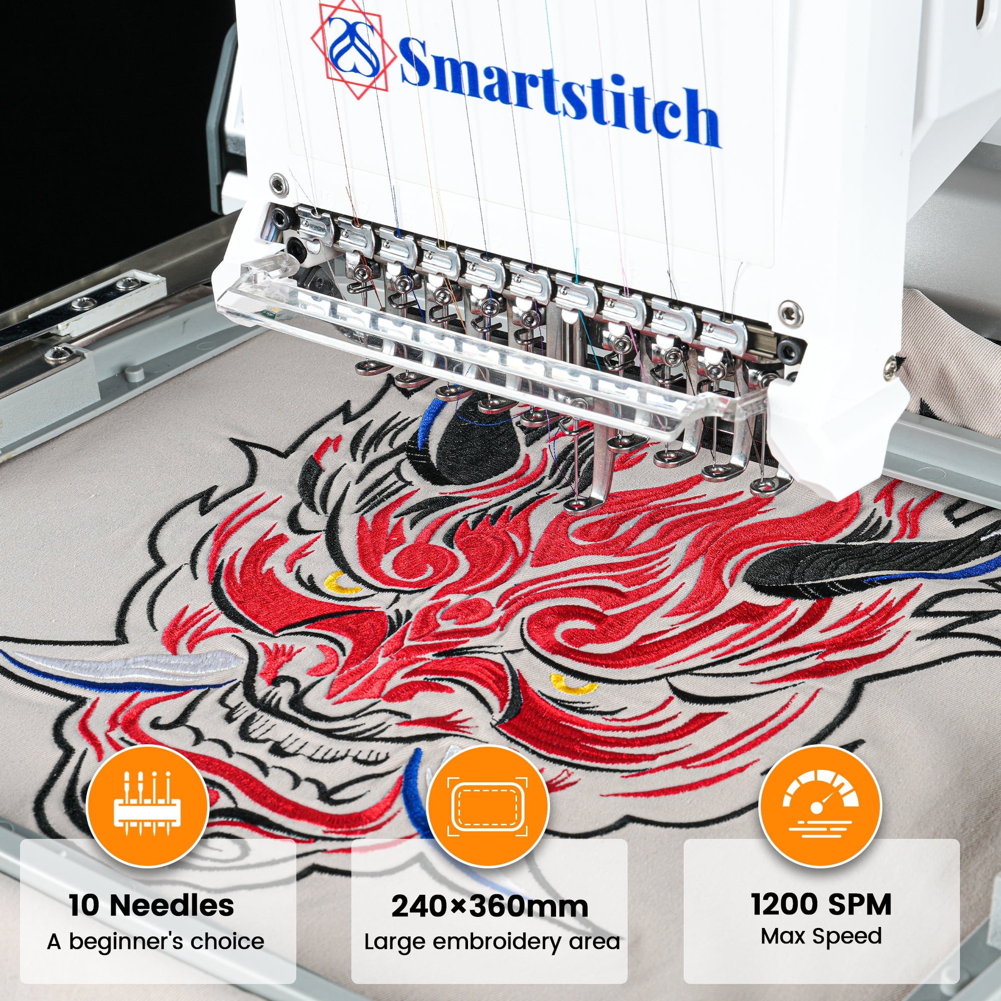 Smartstitch S-1001 Professional 10-Needle Embroidery Machine, 1200 SPM, 7" Touch Screen, 9.5"x14.2" Area - for Hats, T-Shirts, Denim & More