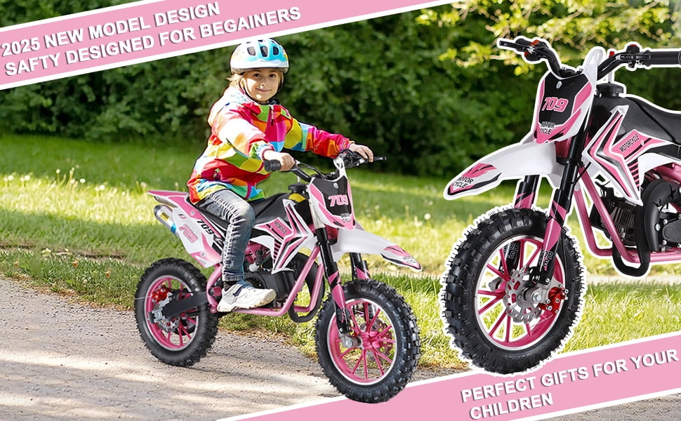 Mohsoe Kids Gas Dirt Bike 49cc 2-Stroke, 10 Inch Anti-Slip Tires with Shock Springs, Alloy Handlebars One Click Start, 30KM/H Max Speed, 25:1 Mixed Fuel, 150kg Capacity, 47 Inch