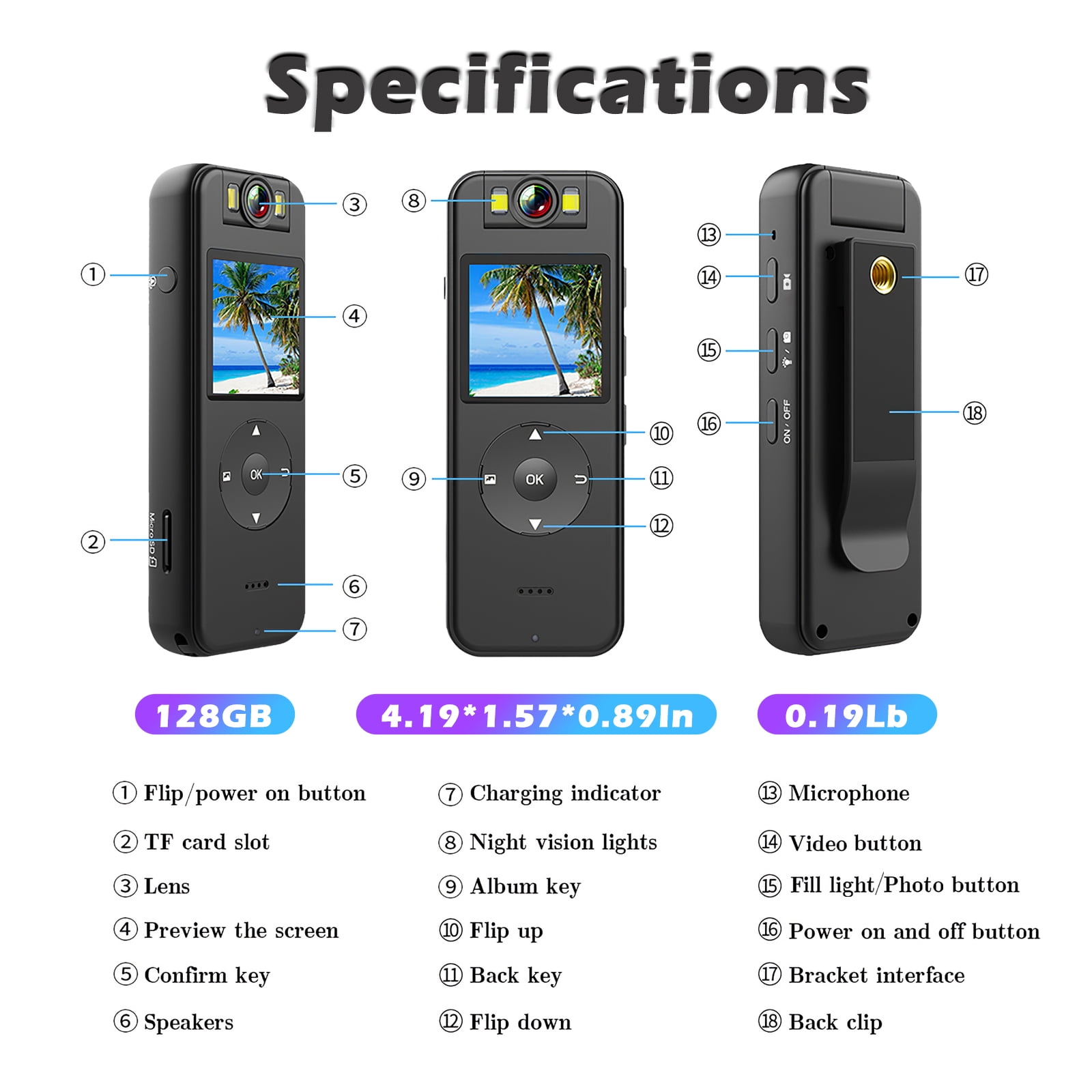 RONY 128GB 4K Body Camera with Audio Video Recording Night Vision 180° Rotate Lens, 1.4’’ Screen Wearable Camcorder with Back Clip, Support WiFi Connection, Black