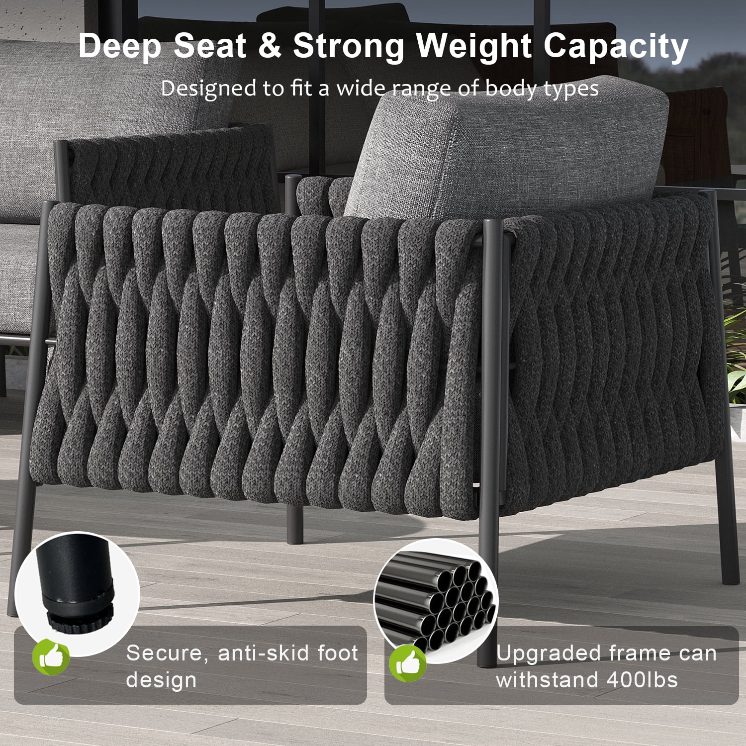 LayinSun 4 Piece Outdoor Furniture Set with Fire Pit Table, Modern Rope Woven Patio Conversation Sofa Set with Olefin Braid and Deep Seating