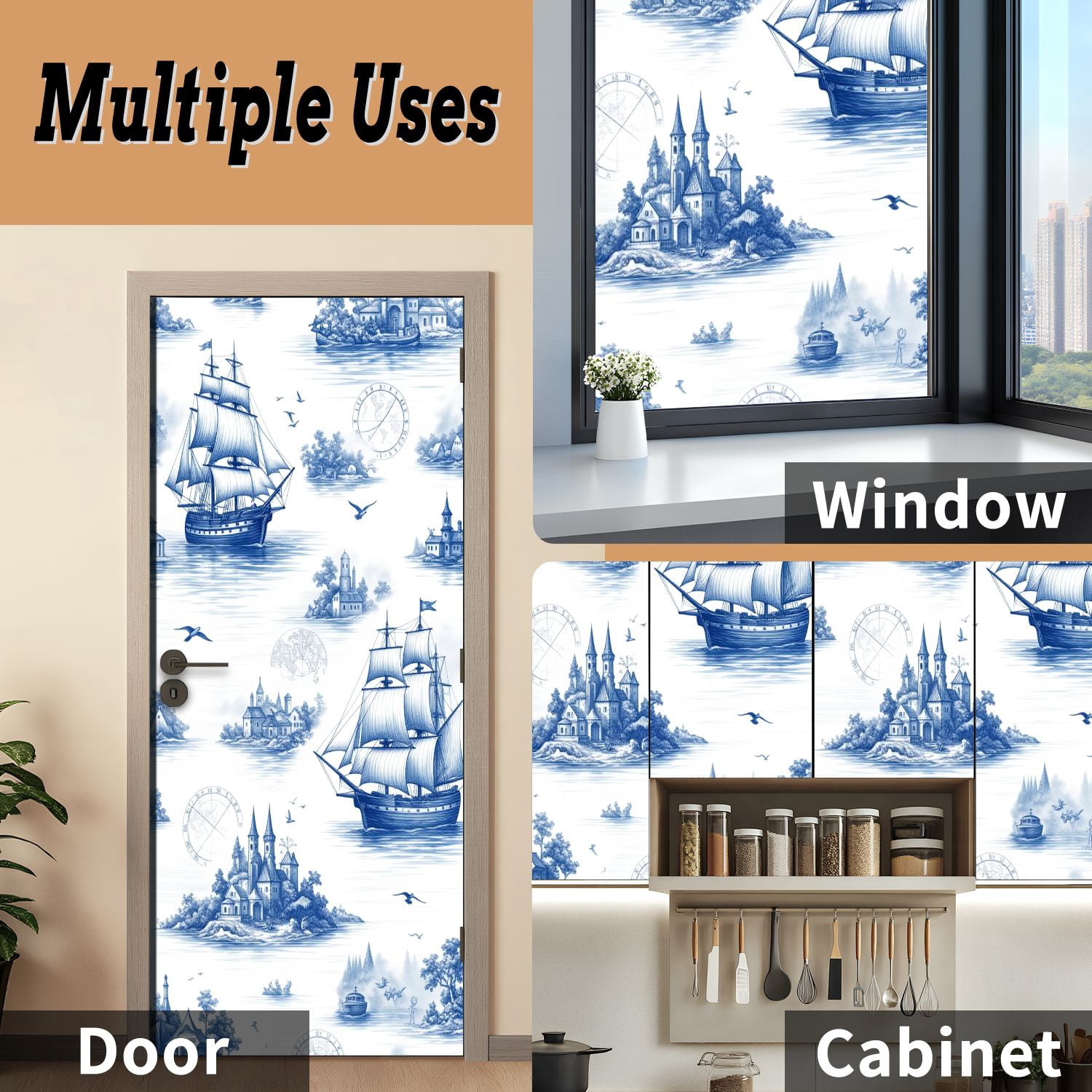 Self Adhesive Vinyl Refrigerator Wrap Set Vintage Nautical Sailing Ships Coastal Scenes Blue White Door Mural Removable Fridge Sticker Peel and Stick&nbsp;Full Door Cover Decal Kitchen Bar Decor