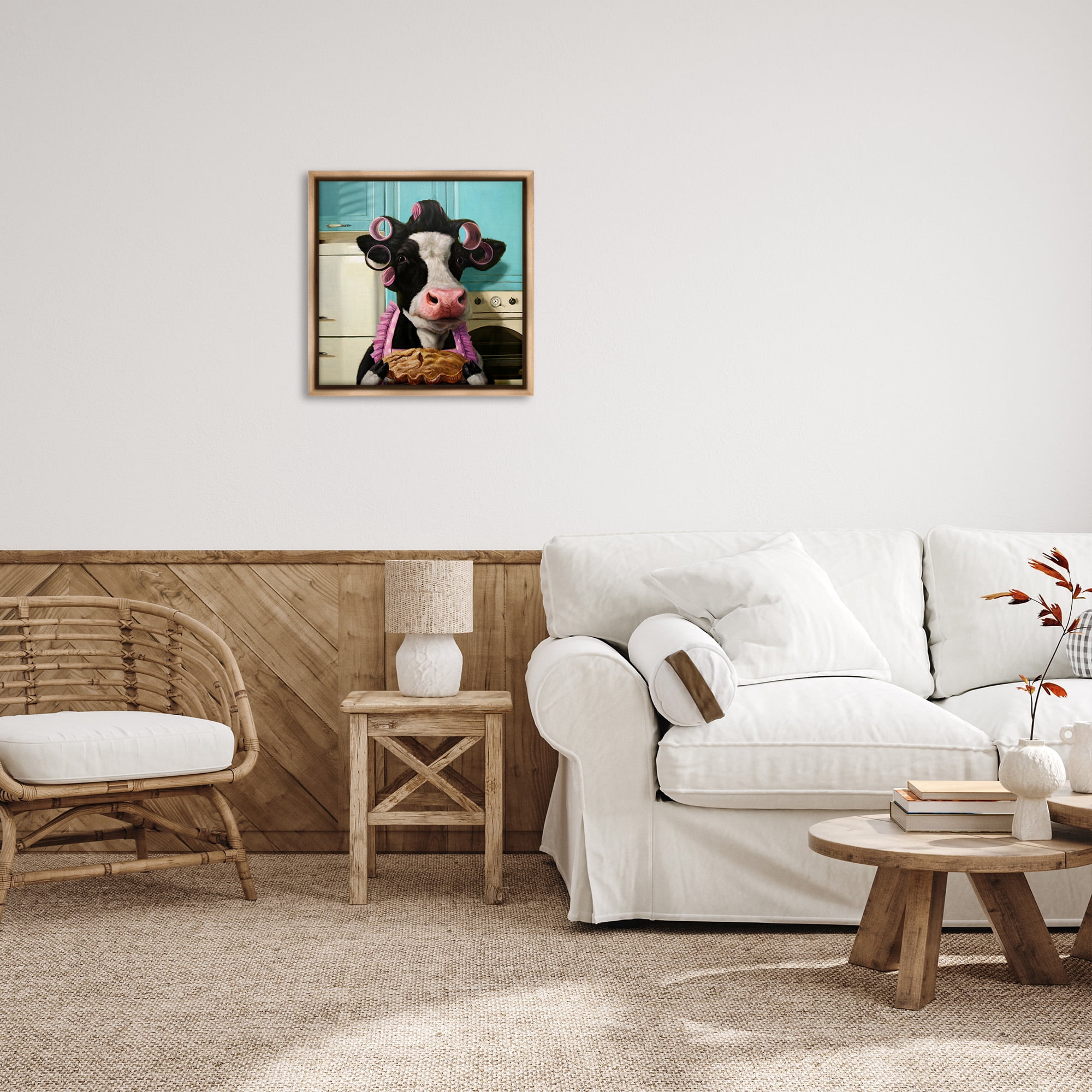 Stupell Industries Glamorous Cow Baking Pie Animals & Insects Painting Brown Floater Framed Canvas Art Print Wall Art, 25 x 25