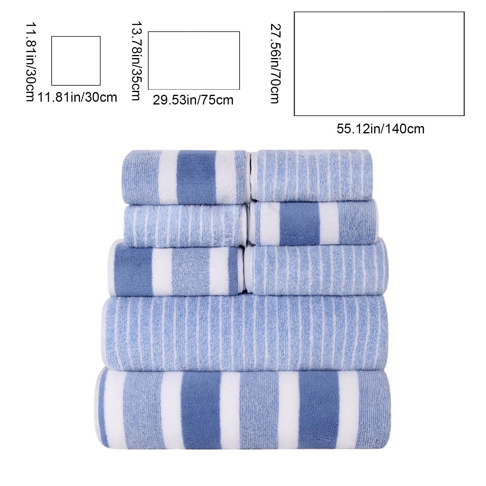 Ultra Soft Bath Towel Set 8-Piece, Velvet Wide Stripe Towel Washcloth Bath Towel, Microfiber Absorbent Quick Dry Towels for Bathroom, Spa, Gym, Pool Shower Beach (Blue)