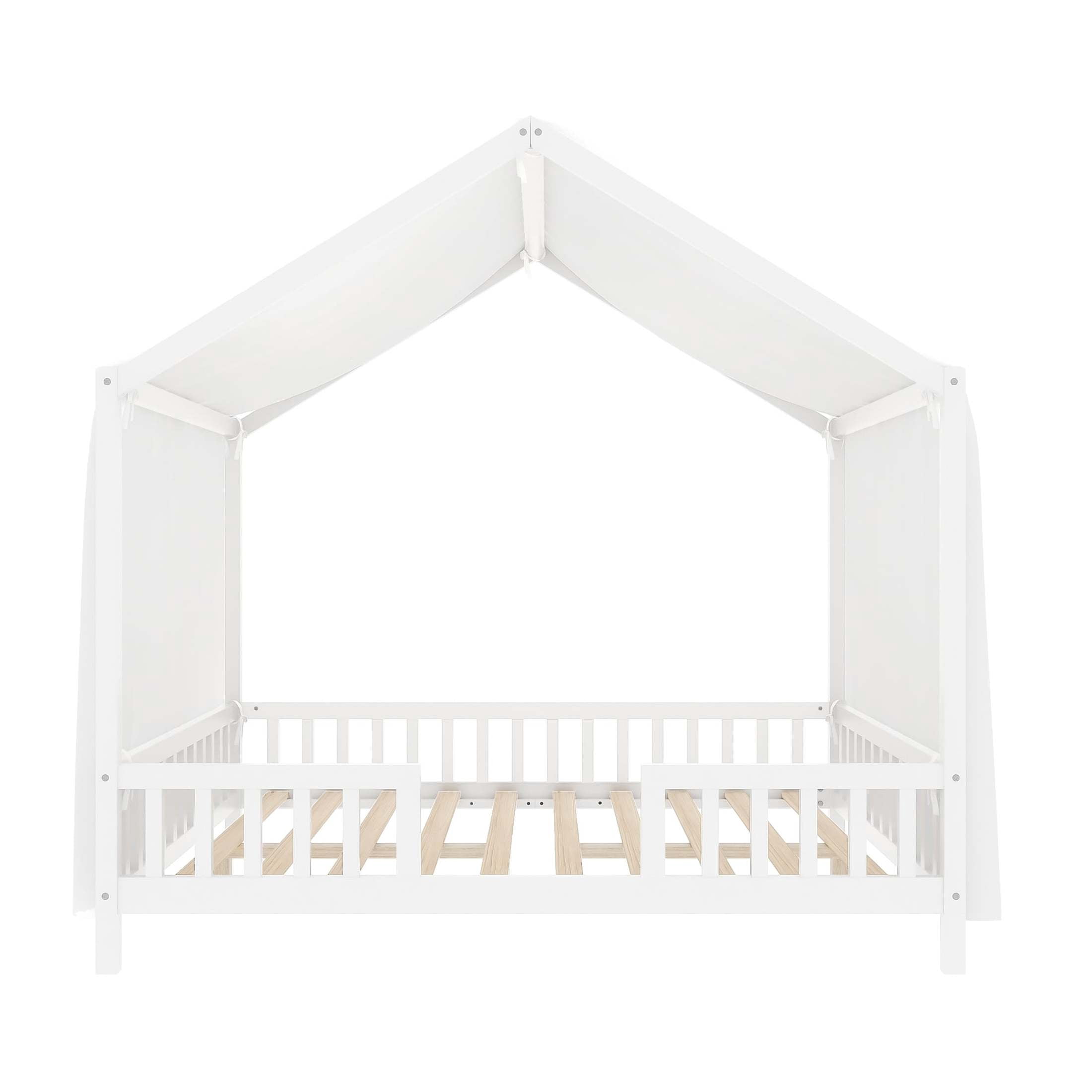 Noble House Full Floor Bed with Canopy and Guardrails, Wood House Bed Frame for Kids, White