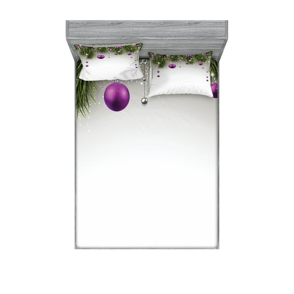 Ambesonne Christmas Fitted Sheet & Pillow Sham Set, Tree, Full, Purple Grey Green