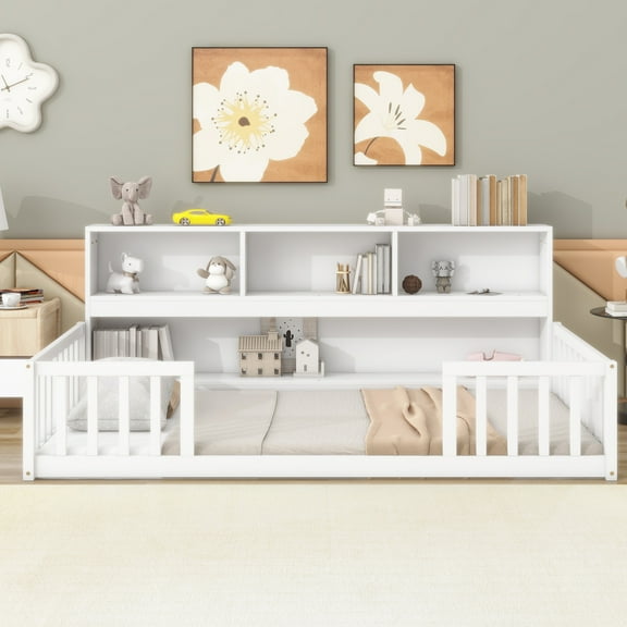 Harper & Bright Designs Twin Size Floor Bed with Bookcase, Wood Twin Platform Bed with Guardrails and Shelves for Bedroom, White