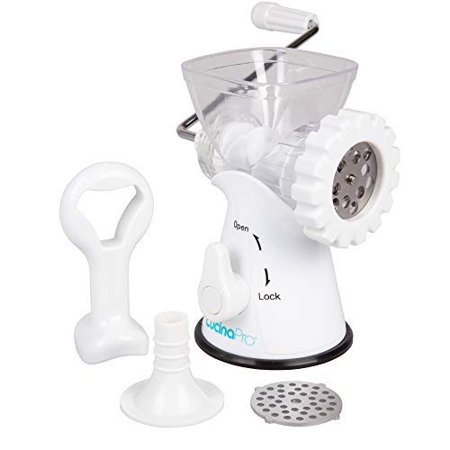 Grinder Attachment - Manual Meat Grinder- Rust-Free Mincer w 2 Stainless Steel Plates, Sausage Attachment, Press, Heavy Duty Suction Base and Dishwasher Safe Design- Make Suasage, Ground Beef, Hamburgers and More