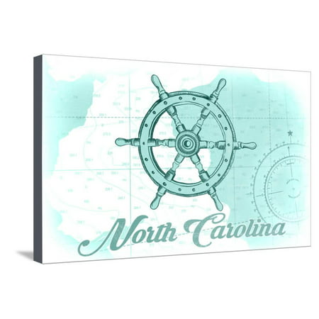 North Carolina - Ship Wheel - Teal - Coastal Icon Stretched Canvas Print Wall Art By Lantern