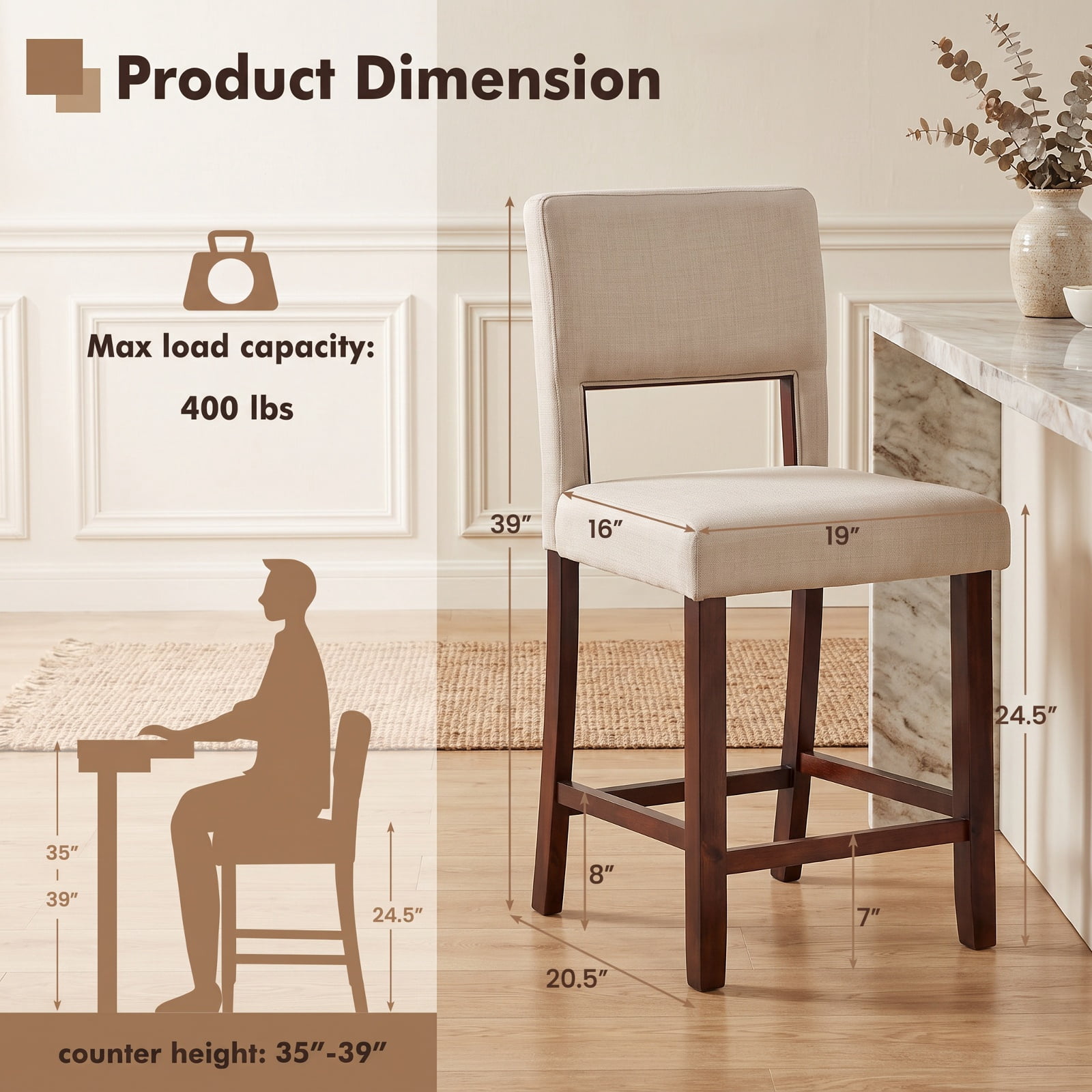 Furnibear Set of 2 Bar Chairs with Hollowed Back and Rubber Wood Legs in Beige