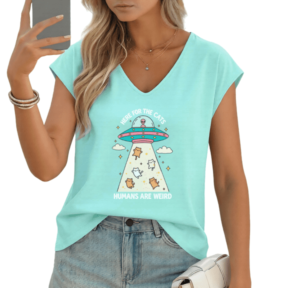 UNISHE Women's "Here For The Cats Humans Are Weird" UFO Cat Print V-Neck Sleeveless T-Shirt Casual Summer Tank Top