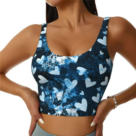 Adobk Ice Blue Heart Print Sports Bras for Women Longline Workout Crop Tank Tops Padded with Built in Shelf Padded Sports Bra-XX-Large