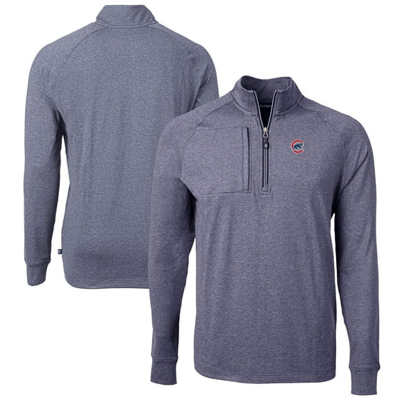Men's Cutter & Buck Heather Navy Chicago Cubs Adapt Eco Knit Stretch Recycled Quarter-Zip Pullover Top