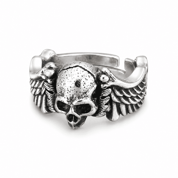 Adjustable Skull Wing Ring for Men Women, Silver Tone Copper Gothic Biker Ring