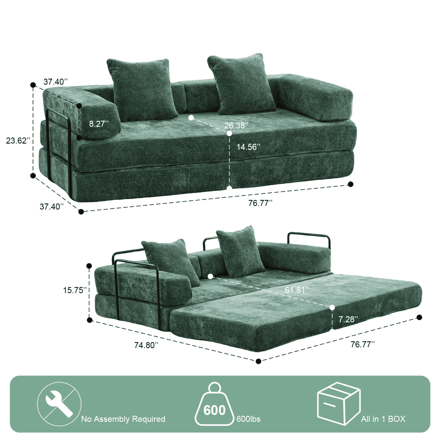 Jopath 76 Inch Convertible Sleeper Sofa Bed,Folding Floor Mattress Couch with Fixed-Shape Frame,Futon Boneless Couch Lounge Loveseat with Pull Out Bed, No Assembly Required,Dark Green+Chenille