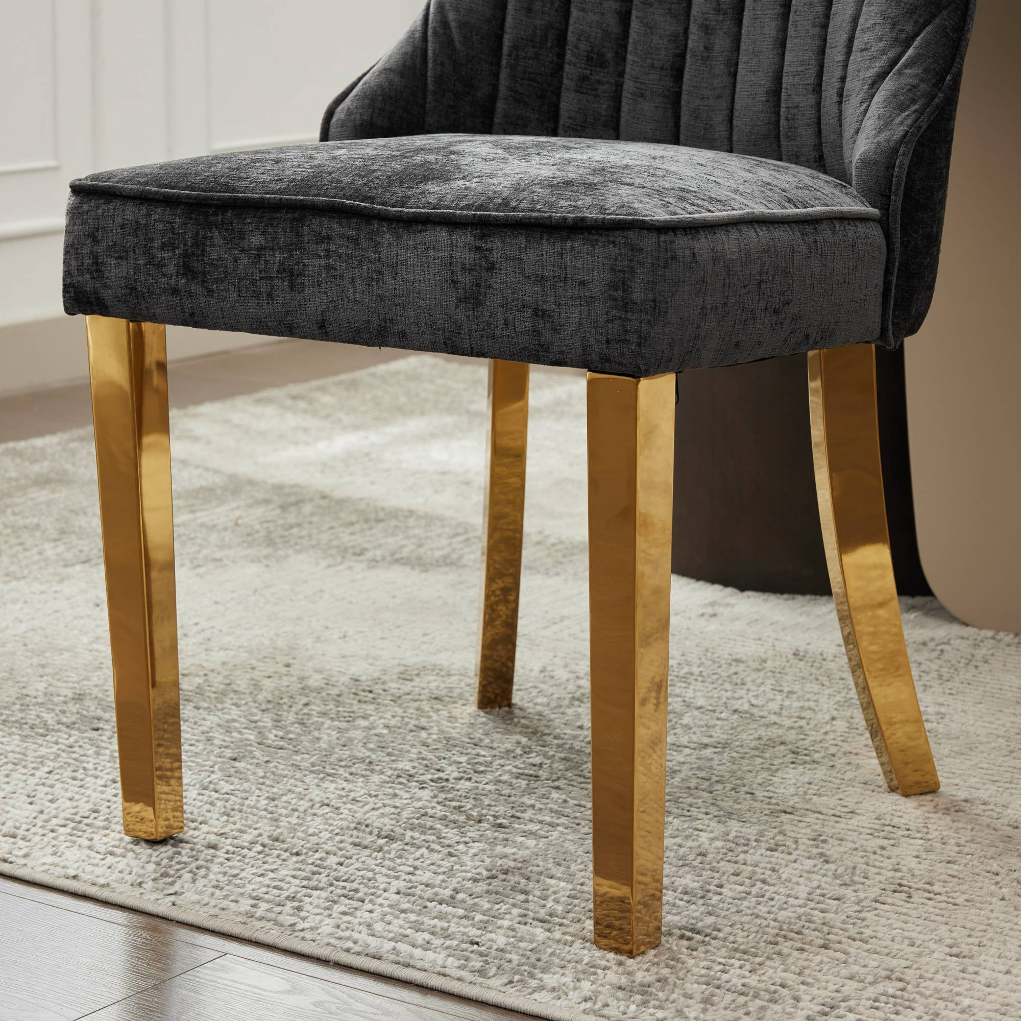 Aukfa Modern Chenille Dining Chairs Set of 2, Upholstered Kitchen Side Chair Accent Chair w/ Golden Steel Legs,Black