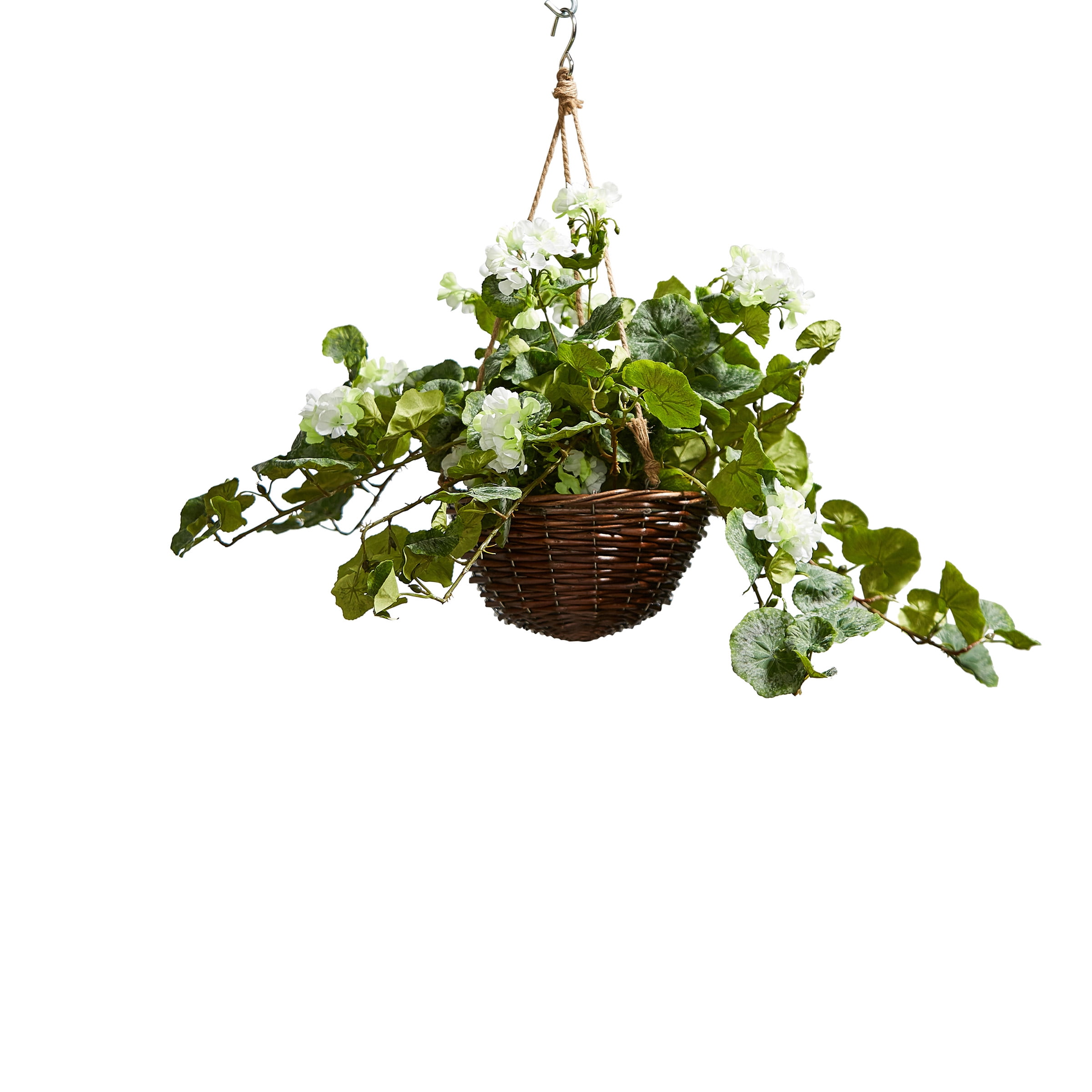 Pure Garden Faux Flowers – White Geranium Hanging Natural and Lifelike Floral Arrangement with Basket