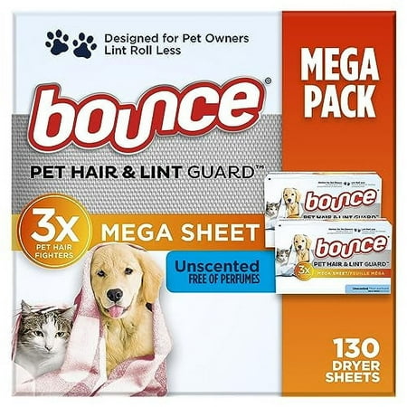 Bounce Pet Hair And Lint Guard Mega Dryer Sheets With 3X Pet Hair Fighters, Unscented, 130 Count
