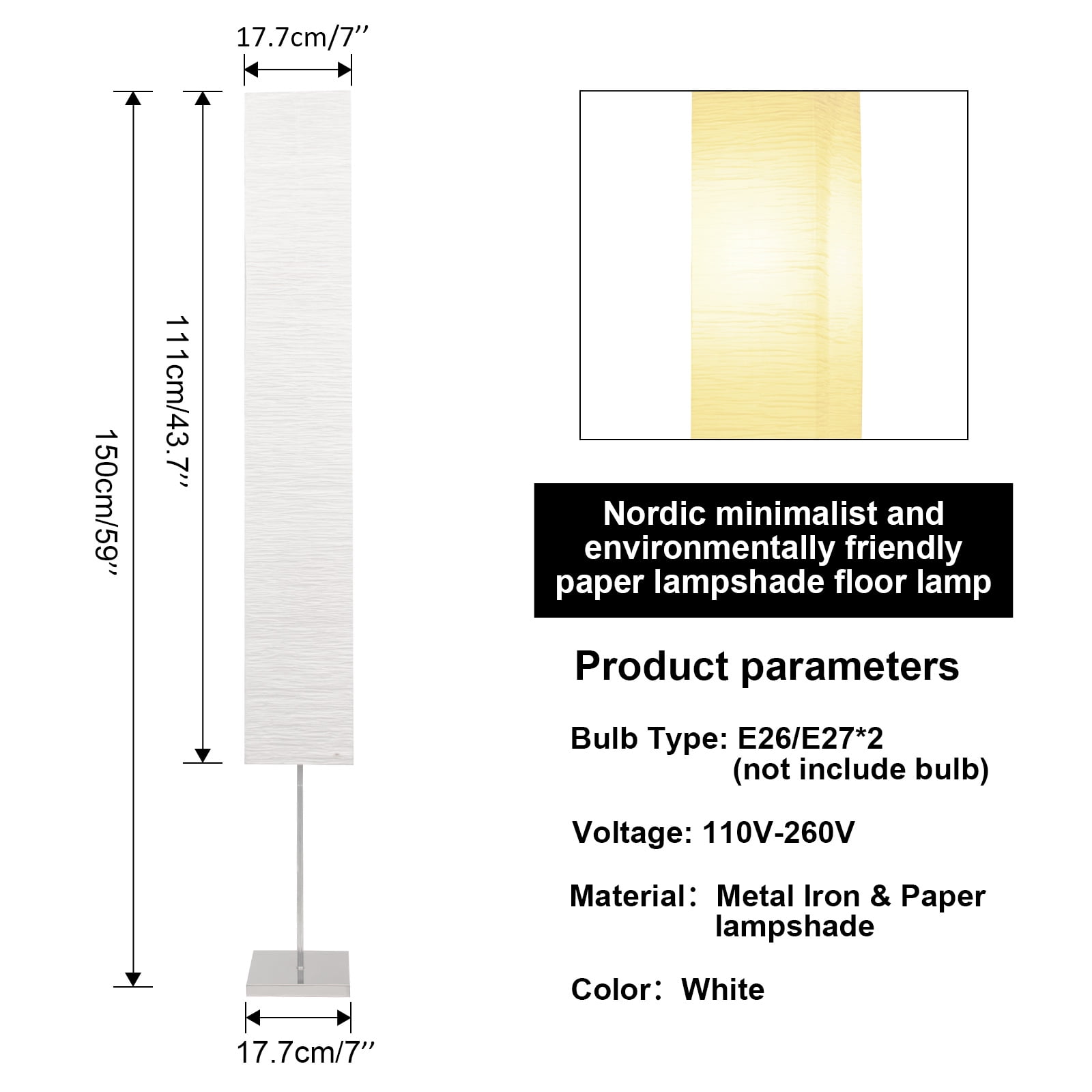 HonoDing 59"Modern Paper Floor Lamp, Japanese Floor Lamp with Rice Paper Lampshade, No Bulb (Square 2 Pack)