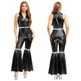 thumbnail image 5 of YiZYiF Womens Metallic Shiny 70s 80s Disco Outfit V neck Sleeveless Bell Bottom Dance Jumpsuit Black L, 5 of 6