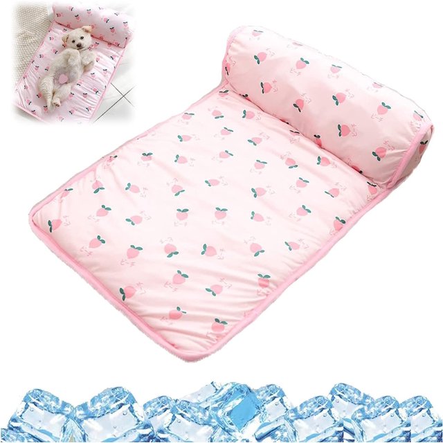 Cats Dogs Cooling Bed, Pet Cooling Mat with Pillow Portable & Washable Pet Cooling Blanket, Dogs Cats Self Cooling Mat Pet Ice Silk Breathable Summer Cooling Pads (60X40cm, Pink)