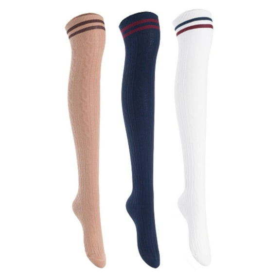 Lian Lifestyle Women's 3 Pairs Incredible Durable Super Soft Unique Over Knee High Thigh High Cotton Socks, Size US 6-9, JMYP1023 Khaki,Navy,White