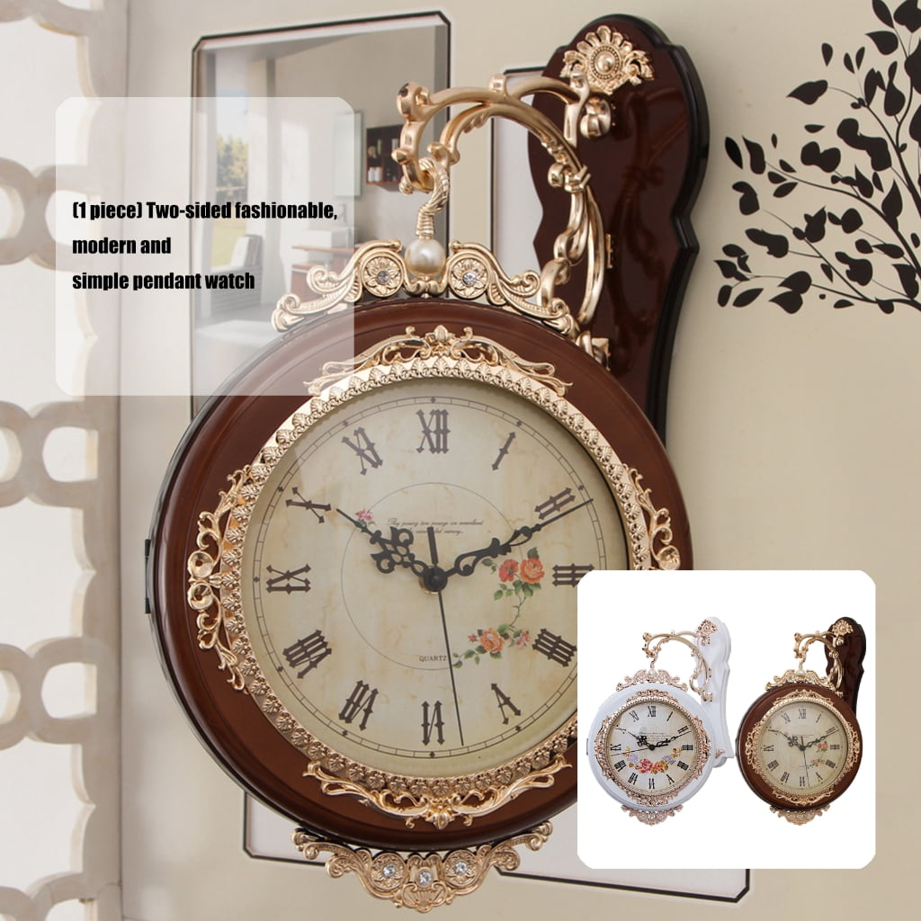 PatungKu European Antique Quiet Double View Wall Clock For Bedroom Dining Room Decors