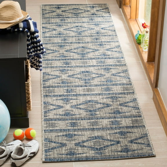 SAFAVIEH Courtyard April Southwestern Indoor/Outdoor Runner, 2' x 8', Grey/Navy