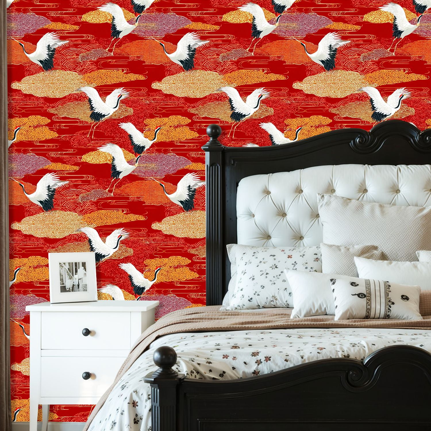 Crane Peel and Stick Wallpaper 23.6in x 9.8ft Elegant Japanese Red crowned Cranes Contact Paper Vinyl Waterproof Self Adhesive Wall Paper for Bedroom Shelf Cabinet Renter Friendly