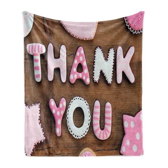 Thank You Soft Flannel Fleece Throw Blanket, Romantic Cookie Letters Sugar Candy on a Rustic Wood Table Image, Cozy Plush for Indoor and Outdoor Use, 50" x 60", White Brown and Pink, by Ambesonne