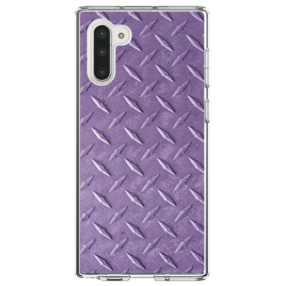 DistinctInk Clear Shockproof Hybrid Case for Samsung Galaxy Note 10 (6.3" Screen) - TPU Bumper, Acrylic Back, Tempered Glass Screen Protector - Purple Diamond Plate Steel Image - Printed Diamond Plate