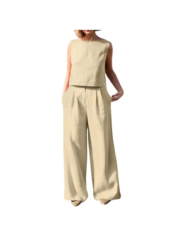 Women 2 Piece Cotton Linen Sets Outfits for Women Solid Color Crewneck Sleeveless Tops Loose Fit Pants Suit with Pocket