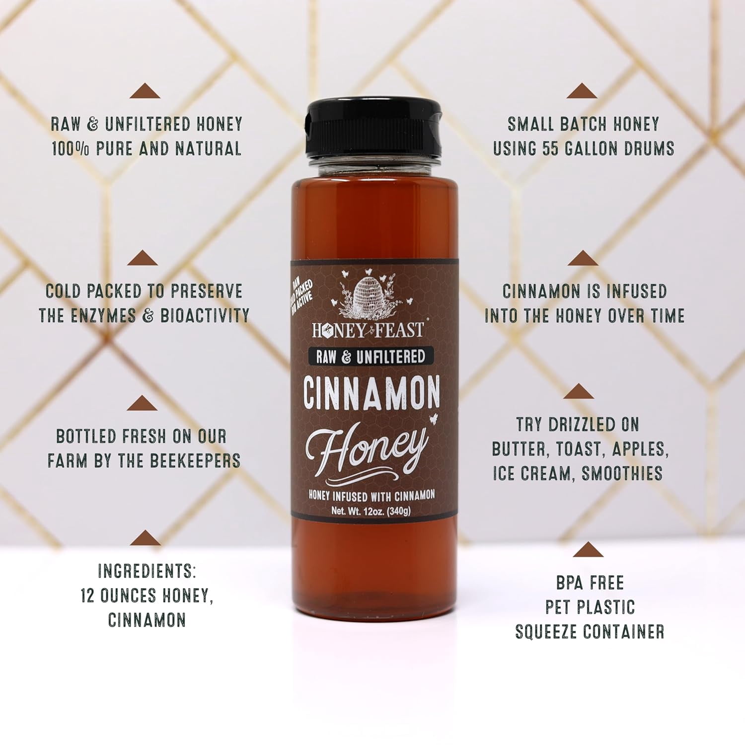 HONEY FEAST Cinnamon Honey 12oz (Pack of 3)– Organic Cinnamon Infusion, Pure Honey, Unfiltered Sweetness, Ideal for Beverages, Baking, and Spreading