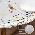 thumbnail image 3 of White Birthday Round Tablecloth, Fitted Table Cover with Elastic for 36"-44" Round Tables, Colorful Confetti Ribbons Polka Dots Classroom Table Cloth Outdoor Dinning Party Waterproof Tablecloths, 3 of 7