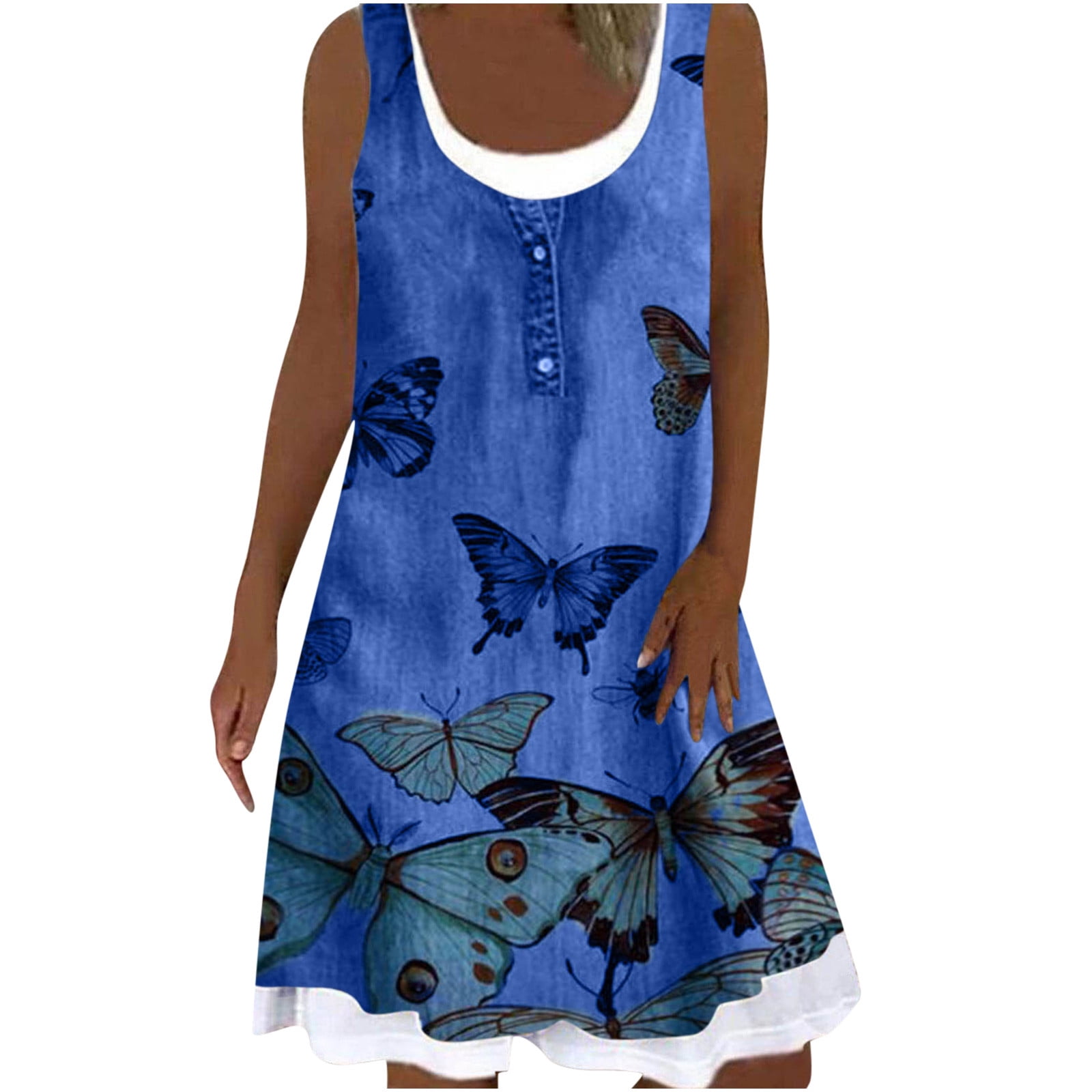 Olyvenn Women's Summer Fake Two-Piece Denim Shirt Dresses Beach Pockets ...