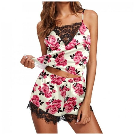 

Women Fashion Print Pajamas Sleeveless Vest Lace Cami Shorts Bluse Sets crotchless lingerie for women lingerie sexy womens lingerie
