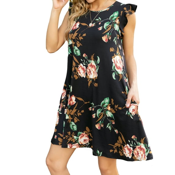 CALIPESSA Womens Summer Floral Print Ruffle Trim Round Neck Sleeveless A Line Pocket Casual Dress