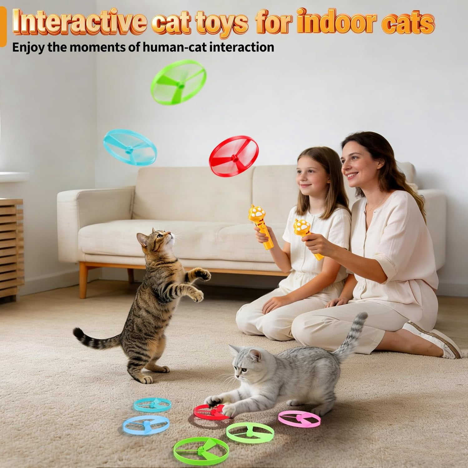 Cat Toy Disc Launcher, Rechargeable Interactive Cat Fetch Toy Launcher with 8 Flying Discs, Flying Enrichment Toys for Indoor Bored Kittens & Adult Cats (Yellow)