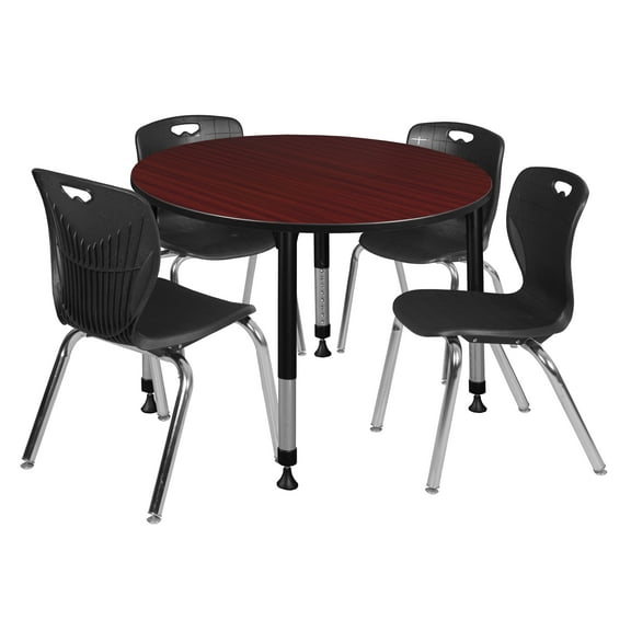 Kee 48" Round Height Adjustable Classroom Table - Mahogany & 4 Andy 18-in Stack Chairs- Black