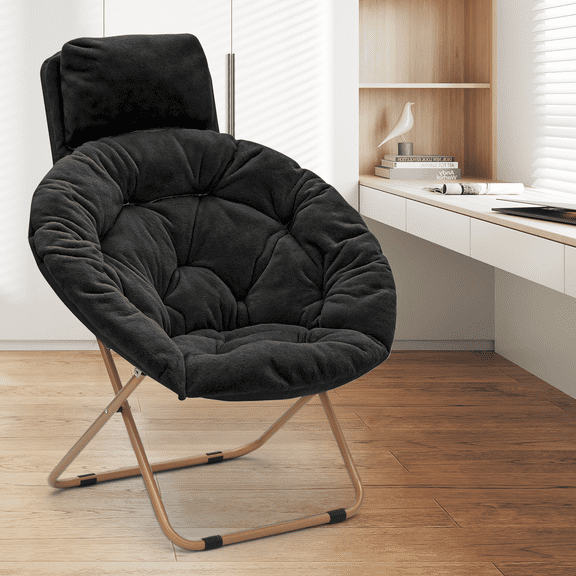 Magshion Folding Saucer Chairs with Pillow, Faux Fur Portable Accent Chairs with Metal Frame, Moon Chair for Bedroom Living Room, Black
