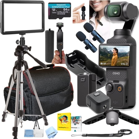 DJI Osmo Pocket 3 Capture More Combo Creator Bundle – 4K/120fps 1” CMOS Camera w/ 64GB Card, Battery Handle, Tripod, 104 LED Panel Light, 2 Wireless Lavalier Mics, Case, Grip & Video/Photo Software