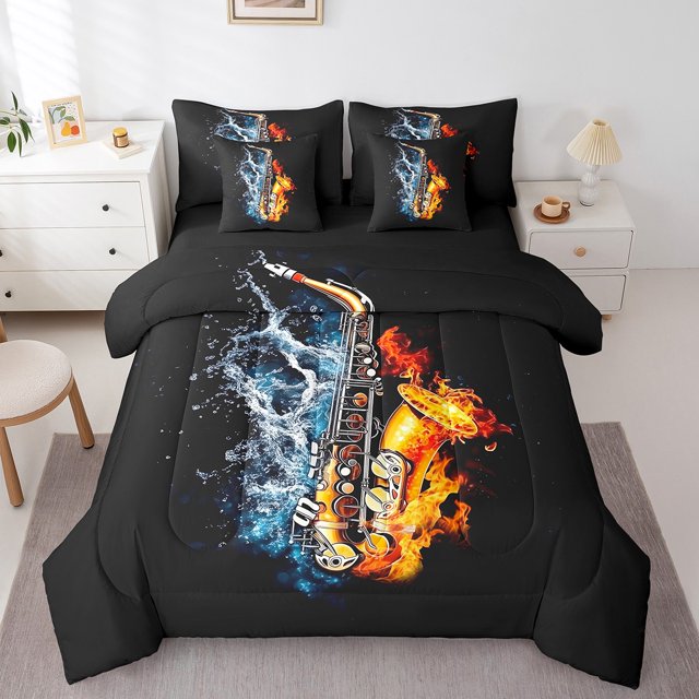 Erosebridal Melody Saxophone 01,Musical Instrument Bed in a Bag Full size,Abstract Decor,Reversible,Breathable,7-Piece